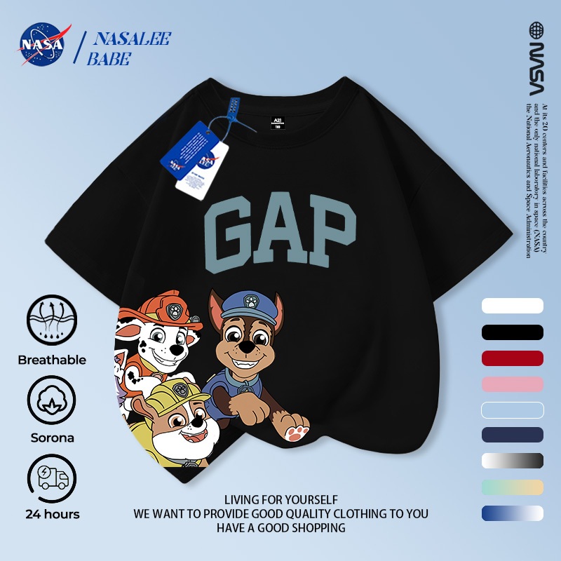 Áo thun trẻ em NASA Paws Team In phiên bản Hàn Quốc Hợp thời trang Bé trai Bé gái 2-16 tuổi Tay ngắn mùa hè