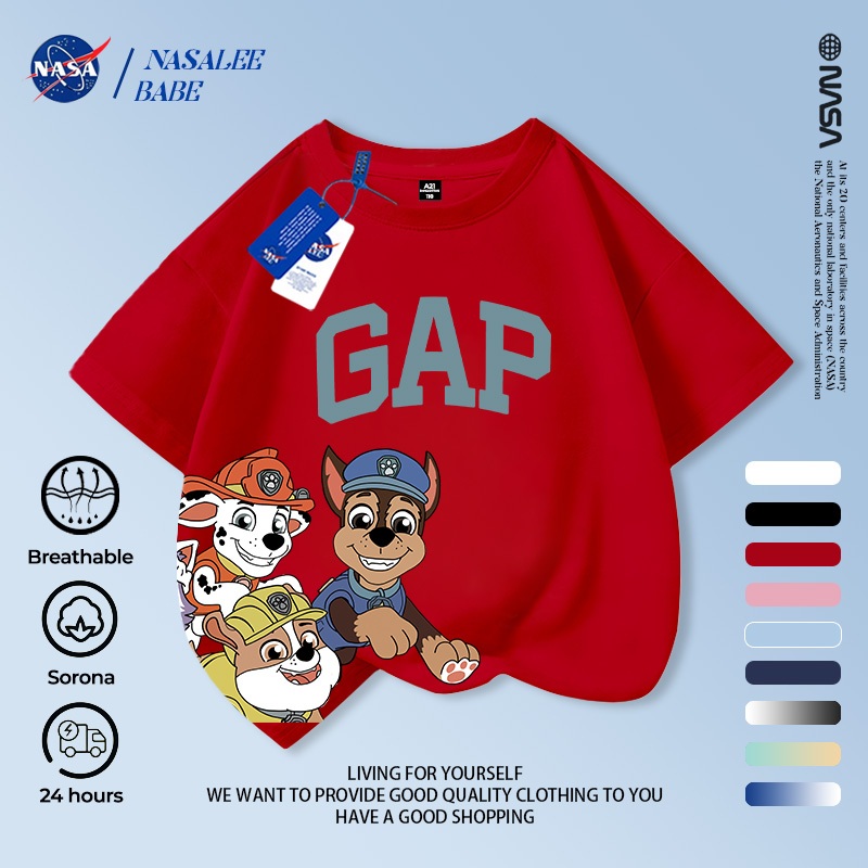 Áo thun trẻ em NASA Paws Team In phiên bản Hàn Quốc Hợp thời trang Bé trai Bé gái 2-16 tuổi Tay ngắn mùa hè