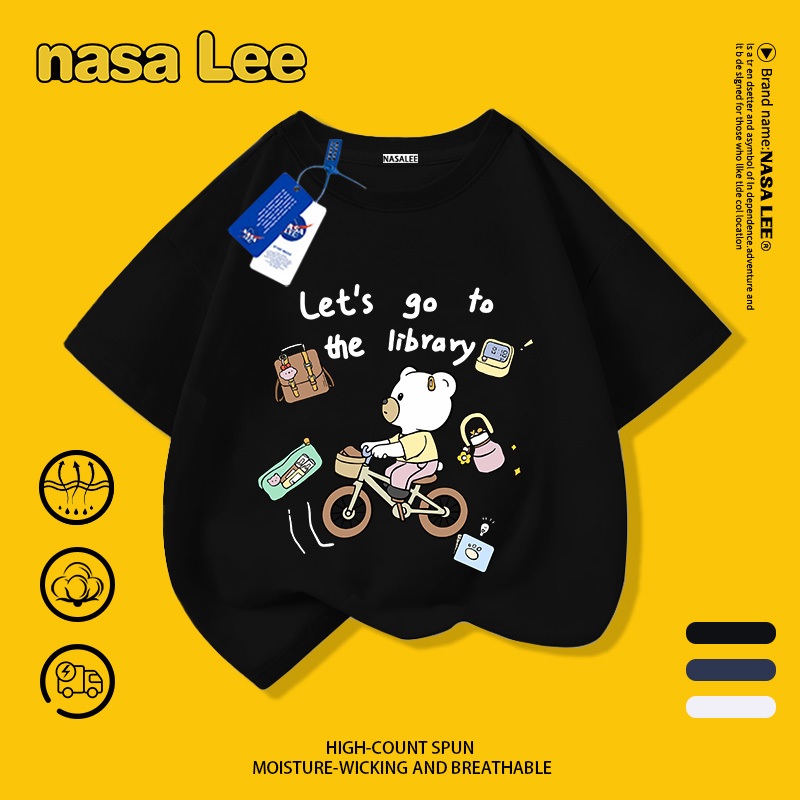 【Gửi hàng trong ngày】 Áo thun cotton trẻ em NASA màu đen, họa tiết chú gấu thích học, dành cho bé trai và bé gái từ 3-16 tuổi, kiểu dáng rộng rãi cho mùa tựu trường.