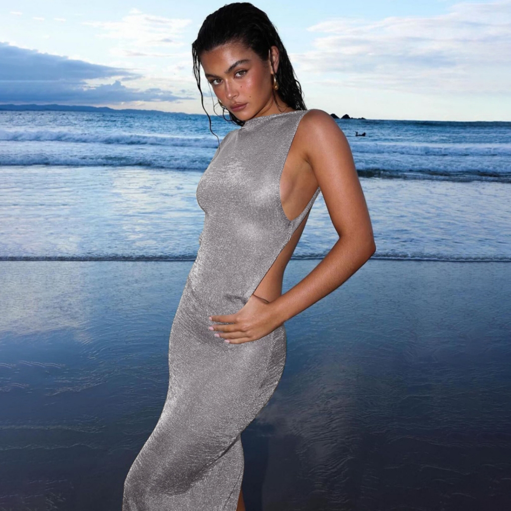 Cutenew Nhìn Xuyên Qua Đầm Nữ Mùa Hè Mỏng Không Tay Lấp Lánh Chia Coquette Lưng Clubwear Đi Biển Gợi Cảm Vestidos