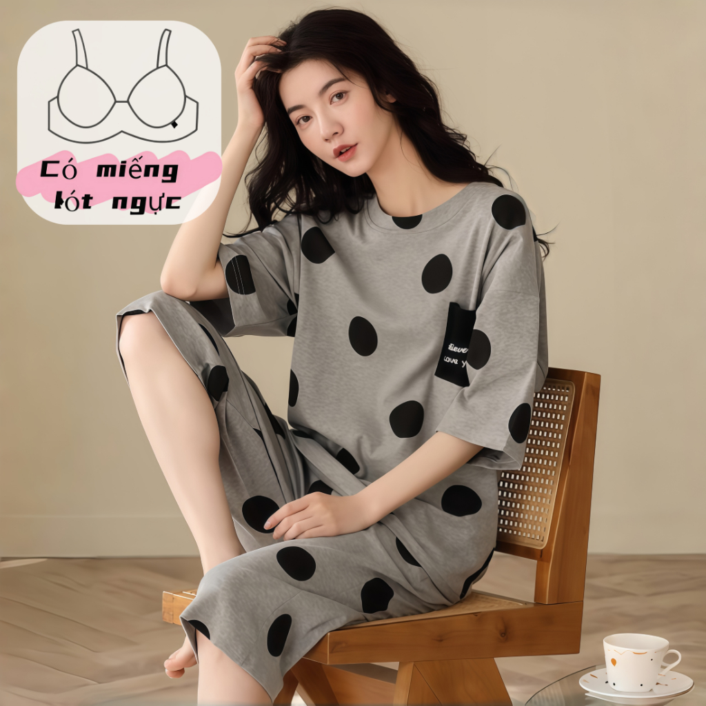 【Bộ có đệm ngực】Bộ đồ ngủ nữ tay ngắn quần lửng cotton cổ trơn xuân thu in hình đáng yêu chất vải Pháp mặc nhà mặc ngoài