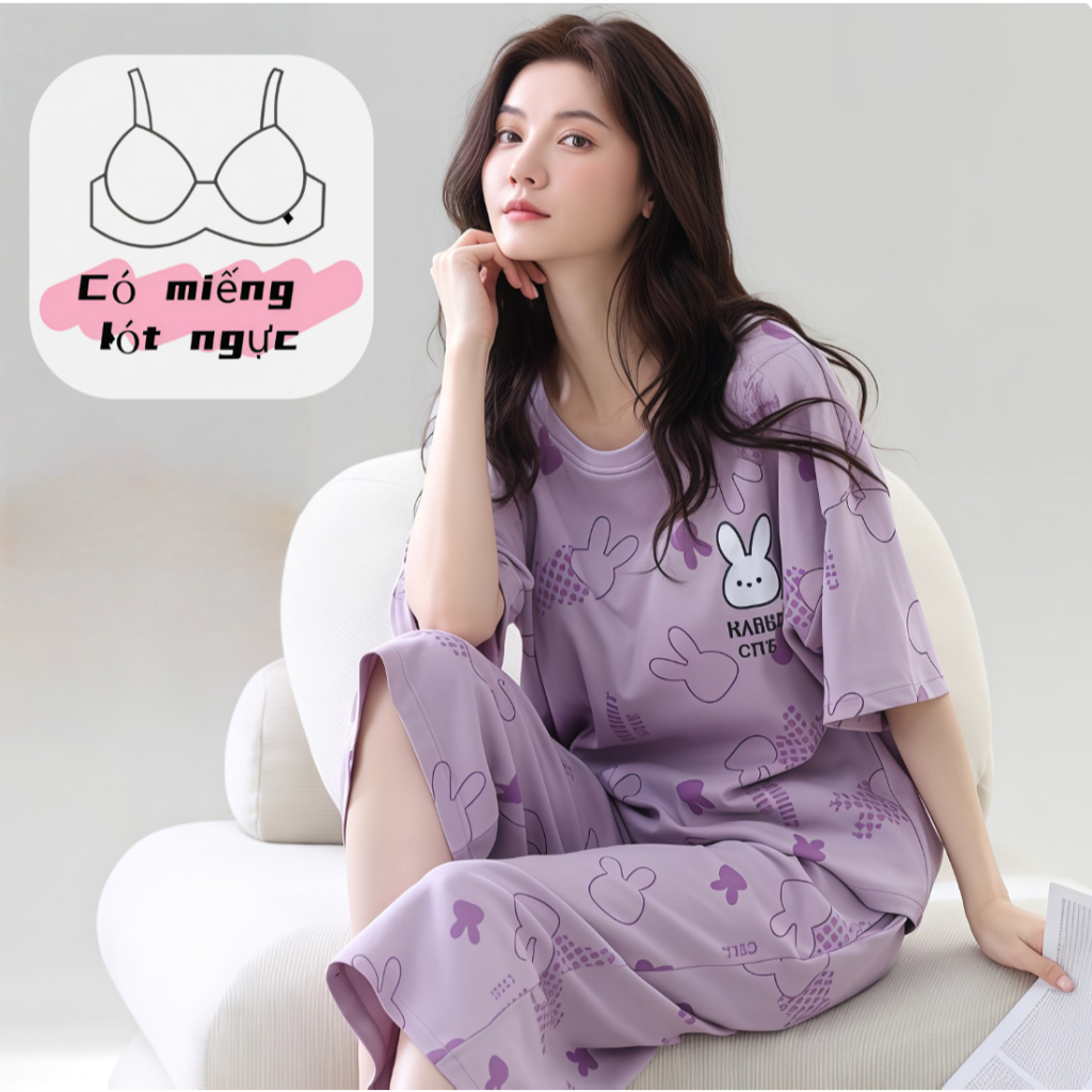 【Bộ có đệm ngực】Bộ đồ ngủ nữ tay ngắn quần lửng cotton cổ trơn xuân thu in hình đáng yêu chất vải Pháp mặc nhà mặc ngoài