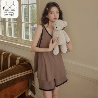 【Mã giảm giá- CAIX2834】Bộ Đồ Ngủ 2 Mảnh Mùa Hè Vải Mát Lạnh - Áo Ba Lỗ Có Sẵn Đệm Ngực & Quần Short, Phong Cách Học Sinh, Mặc Nhà & Đi Chơi Đều Thoải Mái