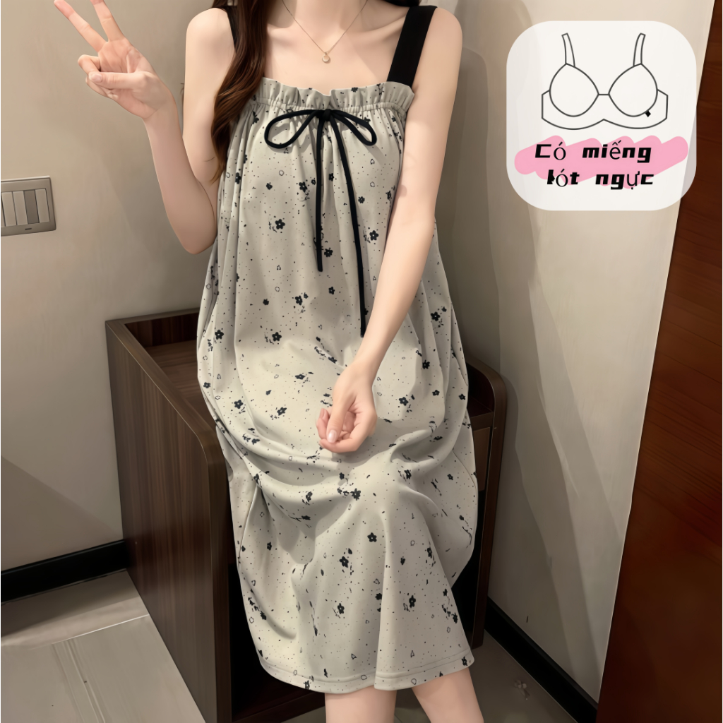 【Đầm ngủ có đệm ngực】Set đầm ngủ nữ dây cotton xuân thu in hình đáng yêu mặc nhà thoải mái chất liệu thoáng mát