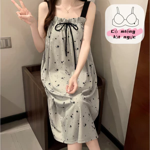 【Đầm ngủ có đệm ngực】Set đầm ngủ nữ dây cotton xuân thu in hình đáng yêu mặc nhà thoải mái chất liệu thoáng mát