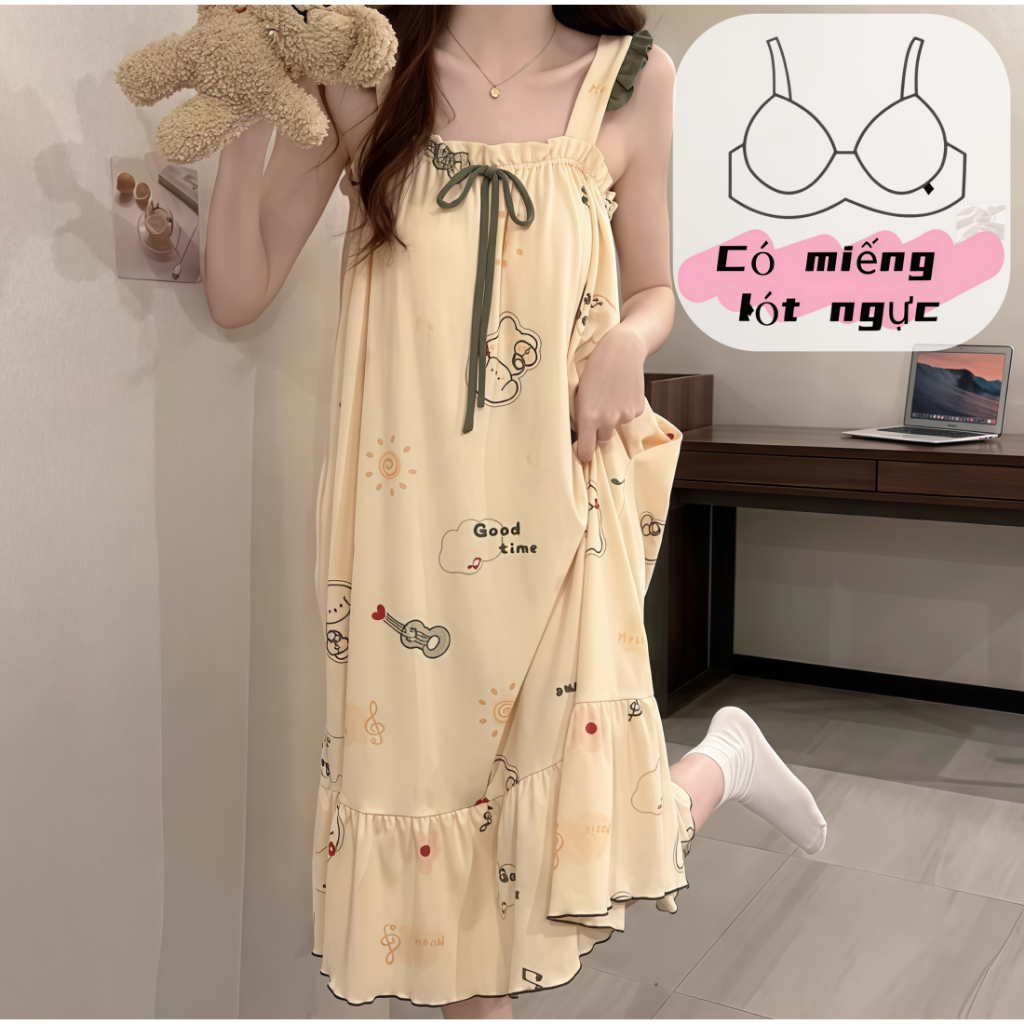 【Đầm ngủ có đệm ngực】Set đầm ngủ nữ dây cotton xuân thu in hình đáng yêu mặc nhà thoải mái chất liệu thoáng mát