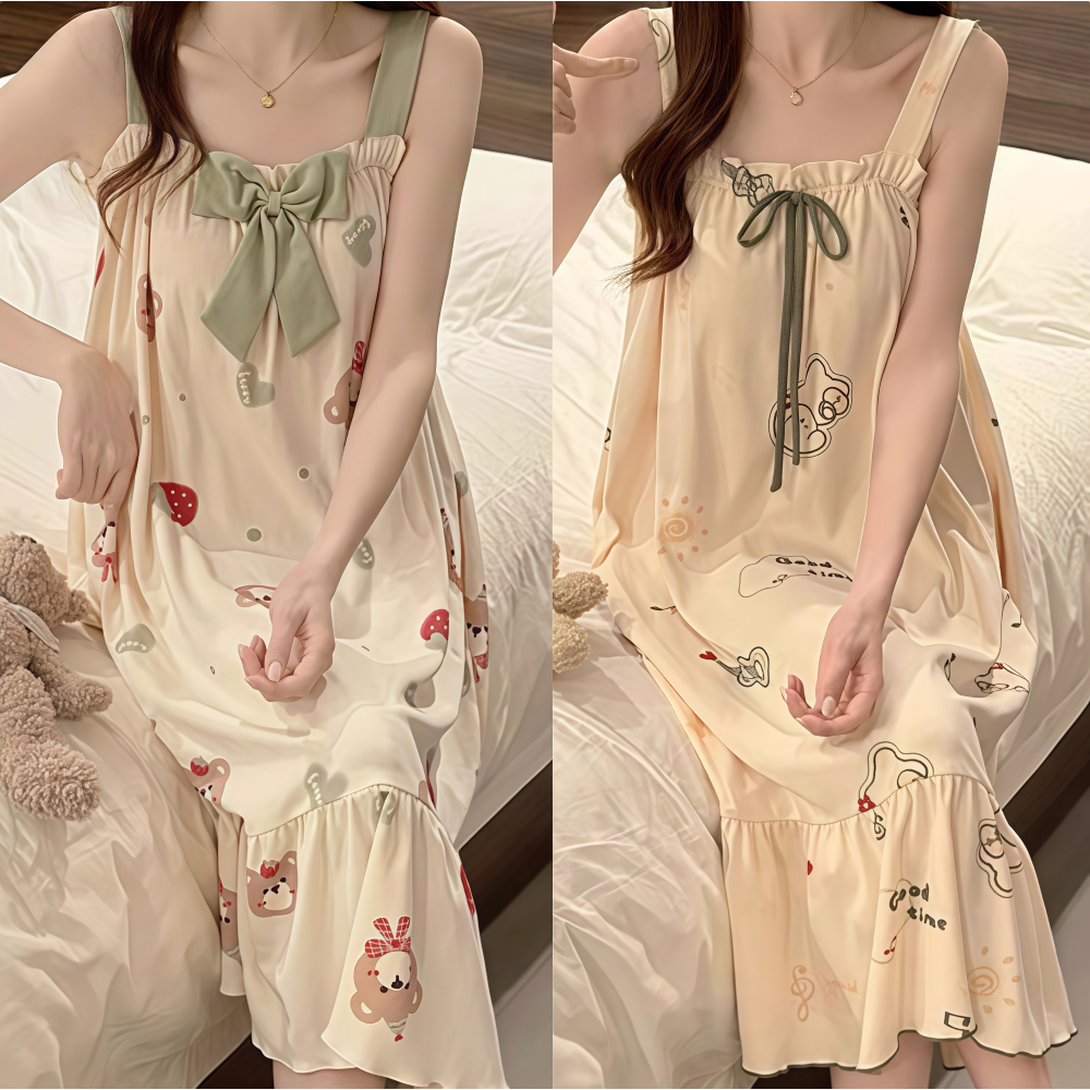 【Đầm ngủ có đệm ngực】Set đầm ngủ nữ dây cotton xuân thu in hình đáng yêu mặc nhà thoải mái chất liệu thoáng mát