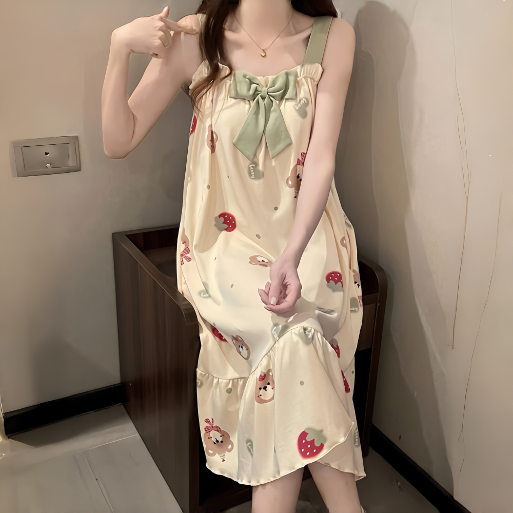 【Đầm ngủ có đệm ngực】Set đầm ngủ nữ dây cotton xuân thu in hình đáng yêu mặc nhà thoải mái chất liệu thoáng mát