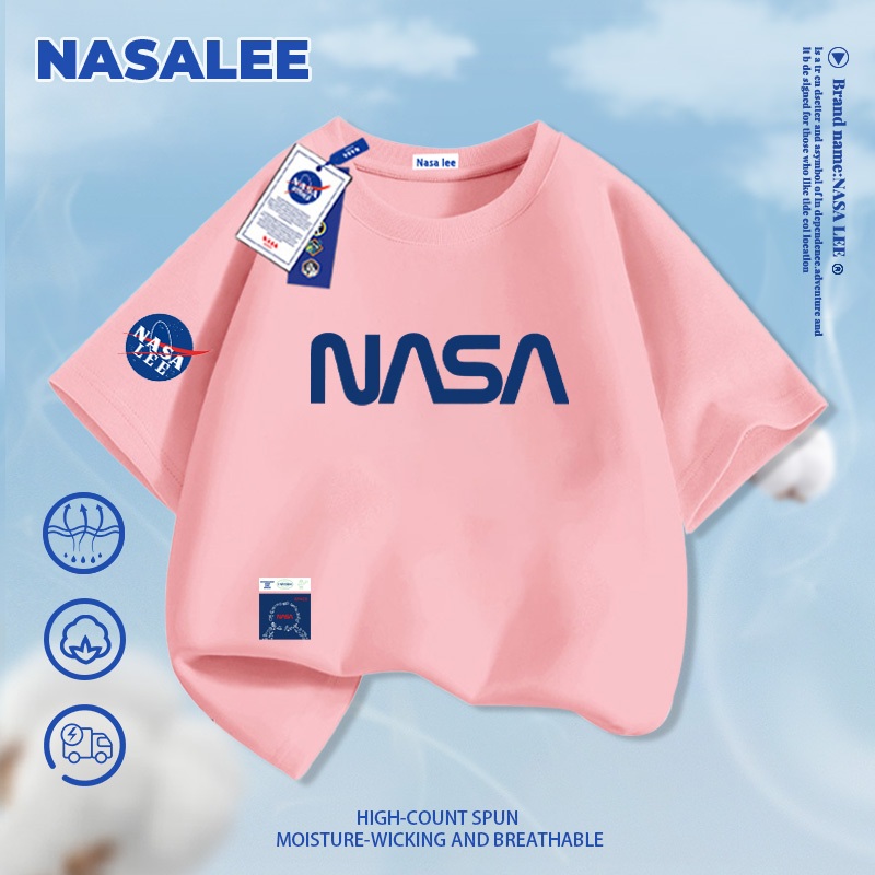 [Giao hàng trong ngày] Áo thun ngắn tay cotton màu xanh than thương hiệu NASA cho trẻ em, phong cách chữ in thời trang Mỹ, dành cho bé trai và bé gái, áo thun dáng rộng thoải mái