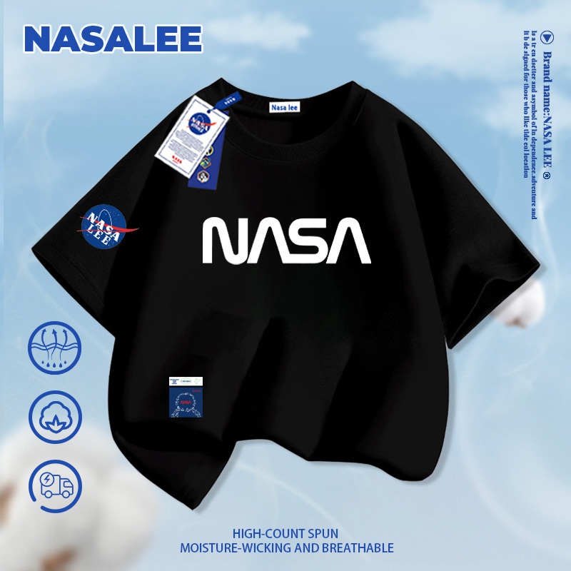 [Giao hàng trong ngày] Áo thun ngắn tay cotton màu xanh than thương hiệu NASA cho trẻ em, phong cách chữ in thời trang Mỹ, dành cho bé trai và bé gái, áo thun dáng rộng thoải mái