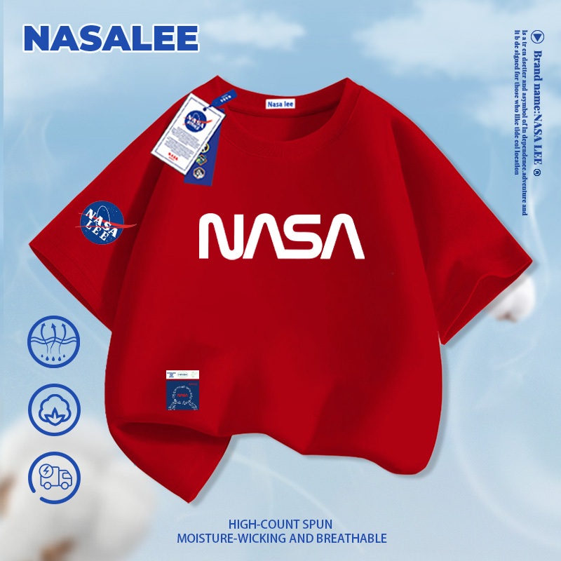 [Giao hàng trong ngày] Áo thun ngắn tay cotton màu xanh than thương hiệu NASA cho trẻ em, phong cách chữ in thời trang Mỹ, dành cho bé trai và bé gái, áo thun dáng rộng thoải mái