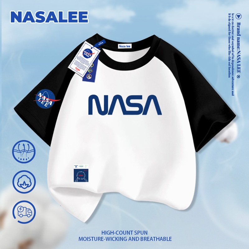 [Giao hàng trong ngày] Áo thun ngắn tay cotton màu xanh than thương hiệu NASA cho trẻ em, phong cách chữ in thời trang Mỹ, dành cho bé trai và bé gái, áo thun dáng rộng thoải mái