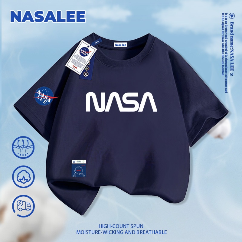 [Giao hàng trong ngày] Áo thun ngắn tay cotton màu xanh than thương hiệu NASA cho trẻ em, phong cách chữ in thời trang Mỹ, dành cho bé trai và bé gái, áo thun dáng rộng thoải mái