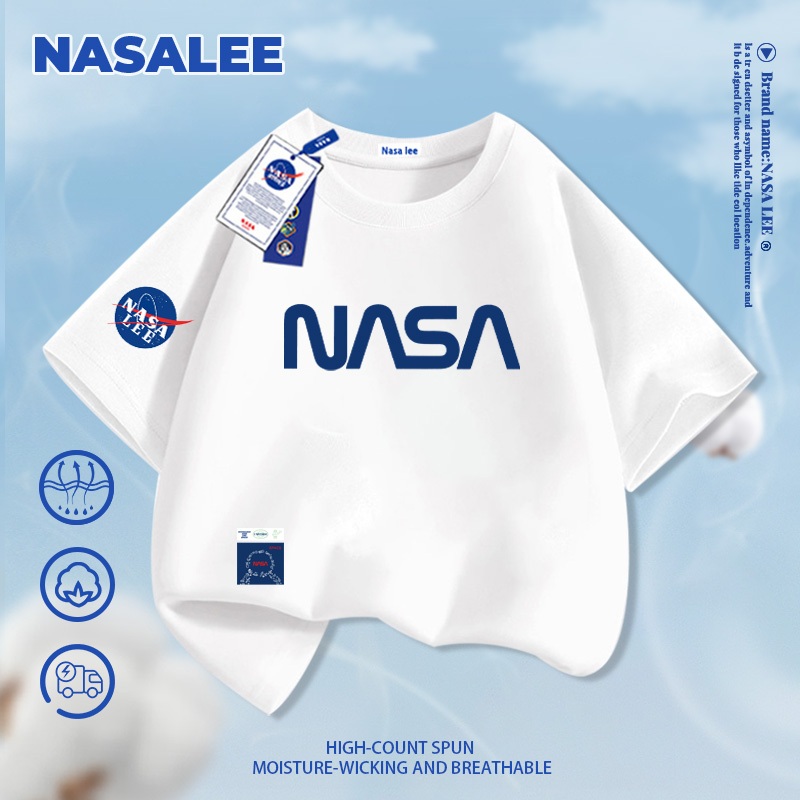 [Giao hàng trong ngày] Áo thun ngắn tay cotton màu xanh than thương hiệu NASA cho trẻ em, phong cách chữ in thời trang Mỹ, dành cho bé trai và bé gái, áo thun dáng rộng thoải mái