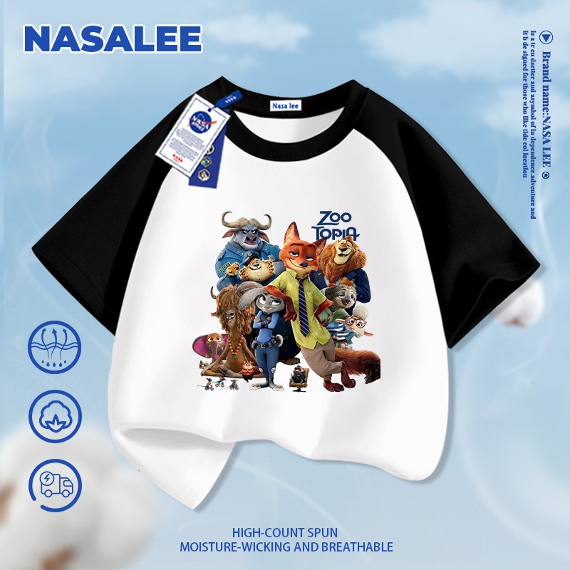 [Giao hàng trong ngày] Áo thun ngắn tay cotton màu xanh than cho trẻ em NASA, phong cách họa tiết Judy và Nick, dành cho bé 3-16 tuổi, áo sơ mi dáng rộng thoải mái