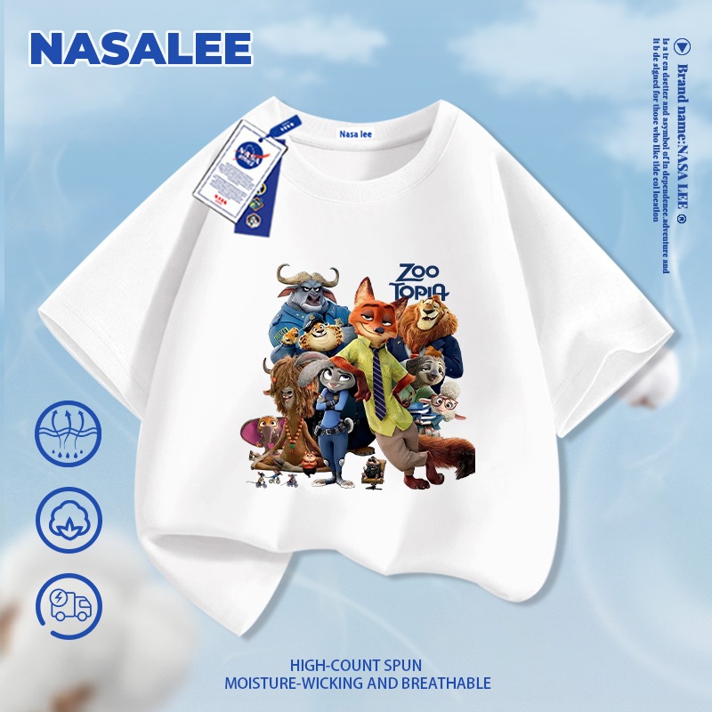 [Giao hàng trong ngày] Áo thun ngắn tay cotton màu xanh than cho trẻ em NASA, phong cách họa tiết Judy và Nick, dành cho bé 3-16 tuổi, áo sơ mi dáng rộng thoải mái