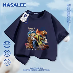 Áo thun ngắn tay cotton màu xanh than cho trẻ em NASA, phong cách họa tiết Judy và Nick, dành cho bé 3-16 tuổi, áo sơ mi dáng rộng thoải mái