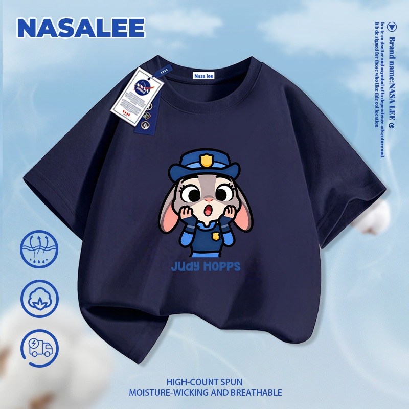 [Giao hàng trong ngày] Áo thun ngắn tay cotton màu xanh nhạt cho trẻ em NASA, phong cách họa tiết Judy, dành cho bé 3-16 tuổi, áo sơ mi dáng rộng thoải mái
