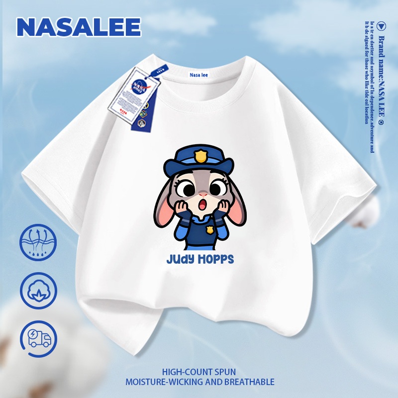 [Giao hàng trong ngày] Áo thun ngắn tay cotton màu xanh nhạt cho trẻ em NASA, phong cách họa tiết Judy, dành cho bé 3-16 tuổi, áo sơ mi dáng rộng thoải mái