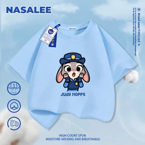 Áo thun ngắn tay cotton màu xanh nhạt cho trẻ em NASA, phong cách họa tiết Judy, dành cho bé 3-16 tuổi, áo sơ mi dáng rộng thoải mái