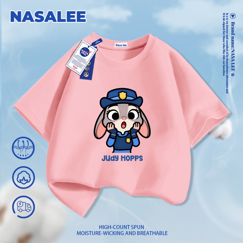 [Giao hàng trong ngày] Áo thun ngắn tay cotton màu xanh nhạt cho trẻ em NASA, phong cách họa tiết Judy, dành cho bé 3-16 tuổi, áo sơ mi dáng rộng thoải mái