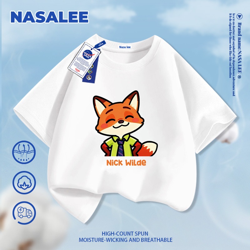 [Giao hàng trong ngày] Áo thun ngắn tay màu xanh than thương hiệu NASA cho trẻ em, chất liệu cotton thoáng khí thoải mái, phong cách thời trang họa tiết nhân vật Nick dành cho bé trai và bé gái