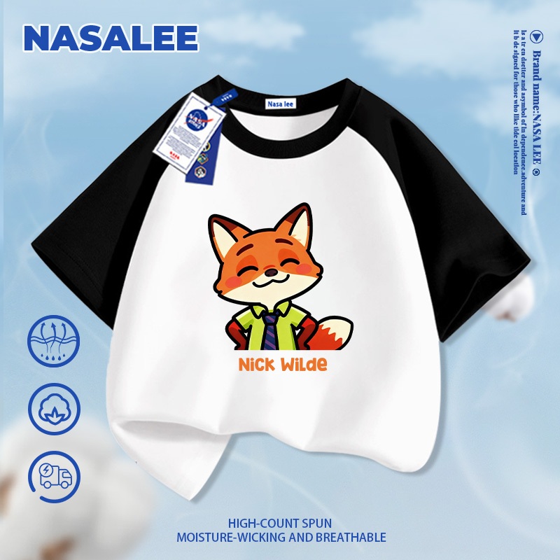 [Giao hàng trong ngày] Áo thun ngắn tay màu xanh than thương hiệu NASA cho trẻ em, chất liệu cotton thoáng khí thoải mái, phong cách thời trang họa tiết nhân vật Nick dành cho bé trai và bé gái