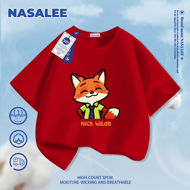 [Giao hàng trong ngày] Áo thun ngắn tay màu xanh than thương hiệu NASA cho trẻ em, chất liệu cotton thoáng khí thoải mái, phong cách thời trang họa tiết nhân vật Nick dành cho bé trai và bé gái