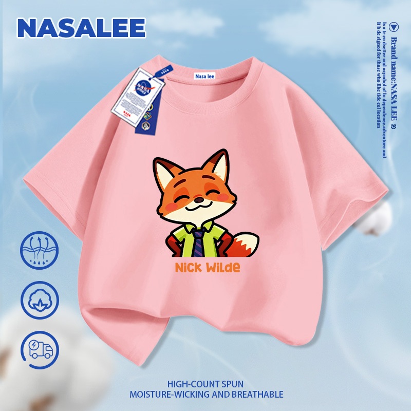 [Giao hàng trong ngày] Áo thun ngắn tay màu xanh than thương hiệu NASA cho trẻ em, chất liệu cotton thoáng khí thoải mái, phong cách thời trang họa tiết nhân vật Nick dành cho bé trai và bé gái
