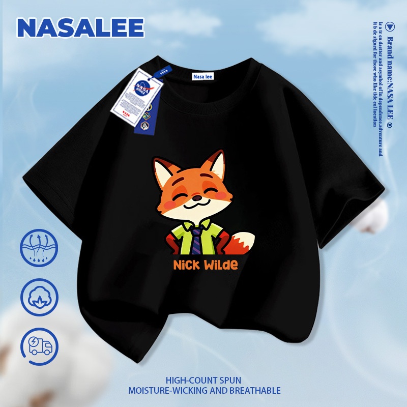 [Giao hàng trong ngày] Áo thun ngắn tay màu xanh than thương hiệu NASA cho trẻ em, chất liệu cotton thoáng khí thoải mái, phong cách thời trang họa tiết nhân vật Nick dành cho bé trai và bé gái