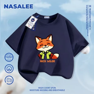 Áo thun ngắn tay màu xanh than thương hiệu NASA cho trẻ em, chất liệu cotton thoáng khí thoải mái, phong cách thời trang họa tiết nhân vật Nick dành cho bé trai và bé gái