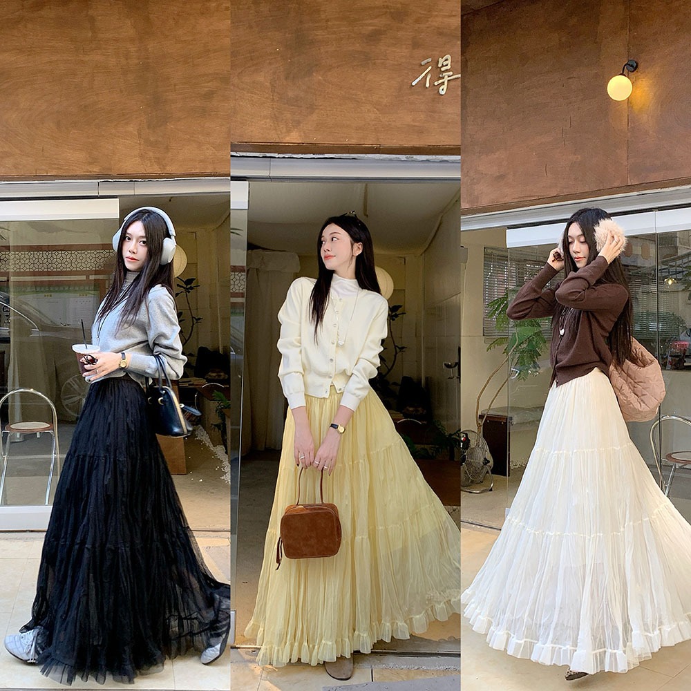 SUXI Váy Midi nữ mới mùa xuân Váy xếp nếp chữ A có chiều rộng cao giản dị 260312
