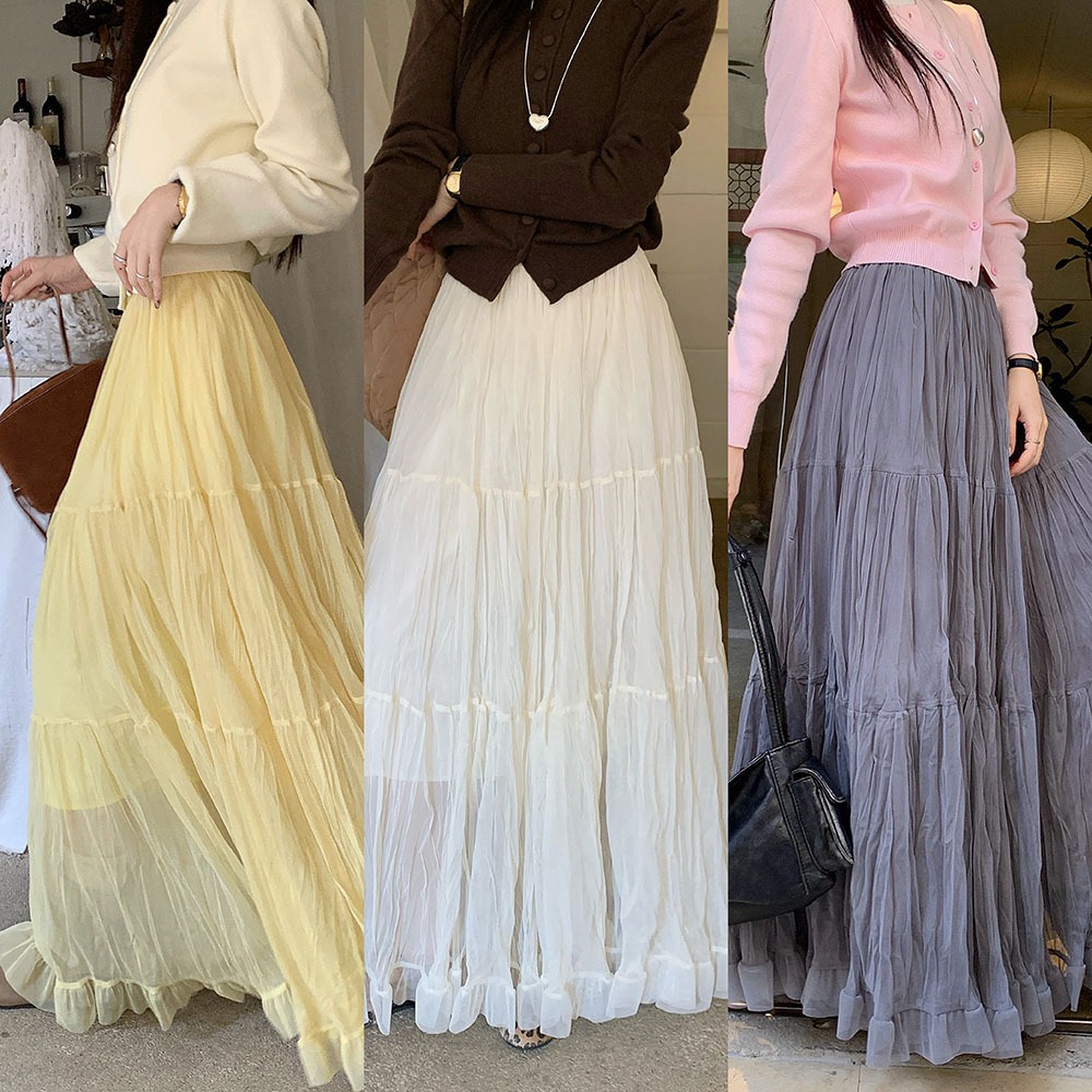 SUXI Váy Midi nữ mới mùa xuân Váy xếp nếp chữ A có chiều rộng cao giản dị 260312