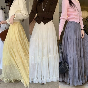 SUXI Váy Midi nữ mới mùa xuân Váy xếp nếp chữ A có chiều rộng cao giản dị 260312