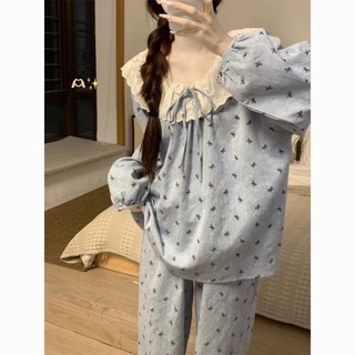 Bộ đồ ngủ nữ cổ búp bê với ren duyên dáng, thiết kế dài tay