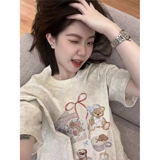 Áo thun nữ tay ngắn hình hoạt hình, cổ tròn 100% cotton mới 2026