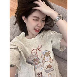 Áo thun nữ tay ngắn hình hoạt hình, cổ tròn 100% cotton mới 2026