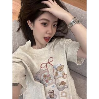 Áo thun nữ tay ngắn hình hoạt hình, cổ tròn 100% cotton mới 2026