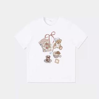 Áo thun nữ tay ngắn hình hoạt hình, cổ tròn 100% cotton mới 2026