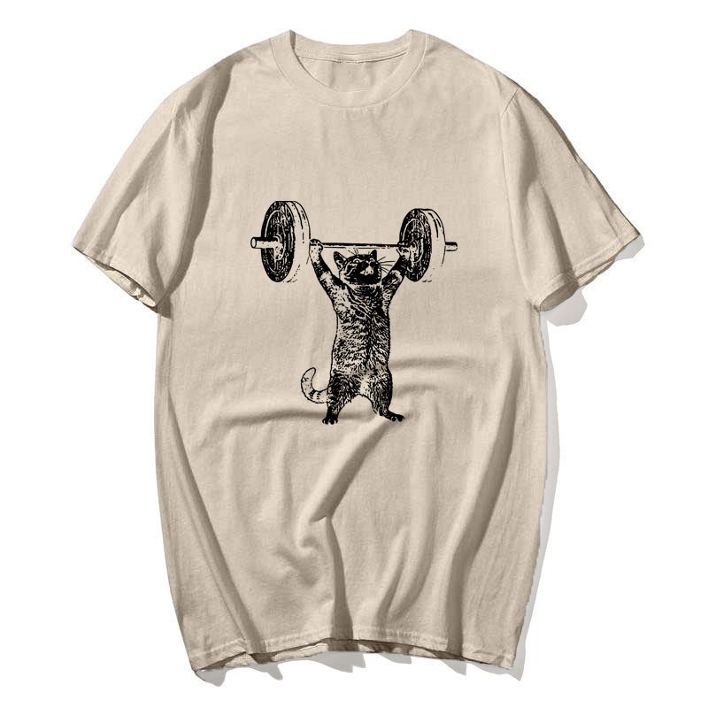 Áo thun cổ tròn tay ngắn họa tiết ngộ nghĩnh mèo tập gym, phù hợp nam nữ
