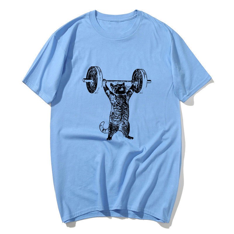Áo thun cổ tròn tay ngắn họa tiết ngộ nghĩnh mèo tập gym, phù hợp nam nữ