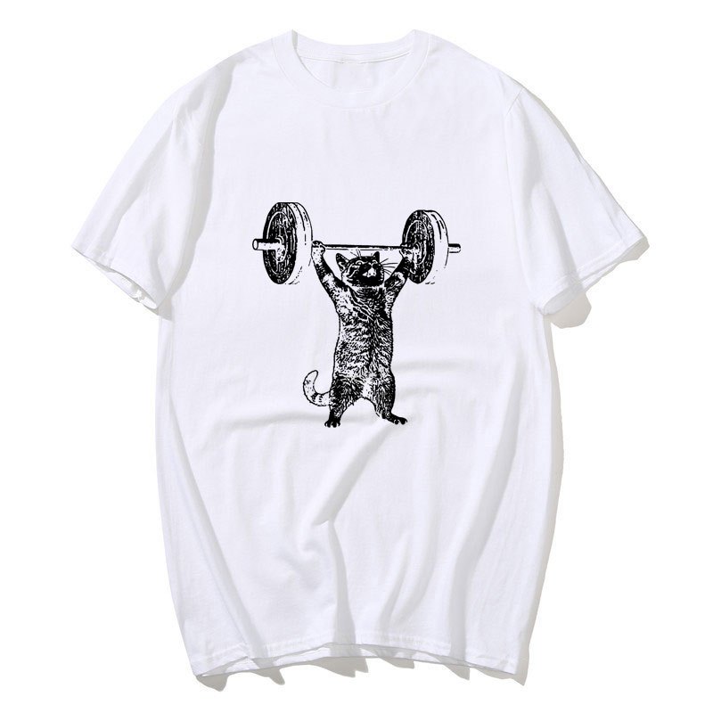 Áo thun cổ tròn tay ngắn họa tiết ngộ nghĩnh mèo tập gym, phù hợp nam nữ
