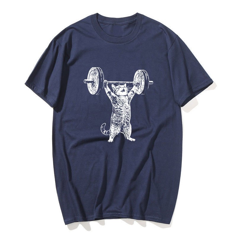 Áo thun cổ tròn tay ngắn họa tiết ngộ nghĩnh mèo tập gym, phù hợp nam nữ
