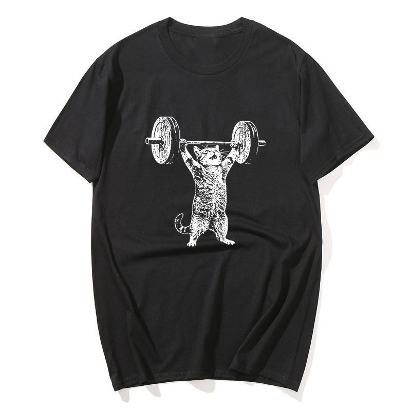 Áo thun cổ tròn tay ngắn họa tiết ngộ nghĩnh mèo tập gym, phù hợp nam nữ