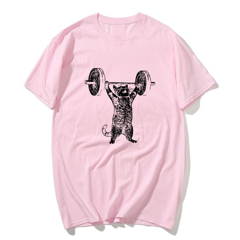 Áo thun cổ tròn tay ngắn họa tiết ngộ nghĩnh mèo tập gym, phù hợp nam nữ