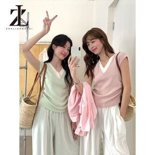 ZHELIHANGFEI Áo Thun Hai Mảnh Màu Tím Cổ Chữ V, Vai Băng Lụa, Form Slim-Fit Phù Hợp Mùa Hè
