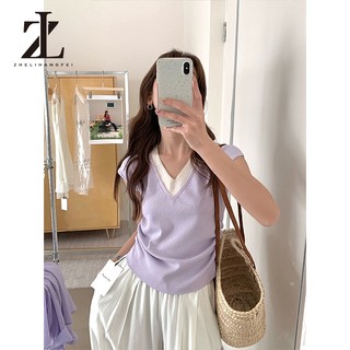 ZHELIHANGFEI Áo Thun Hai Mảnh Màu Tím Cổ Chữ V, Vai Băng Lụa, Form Slim-Fit Phù Hợp Mùa Hè