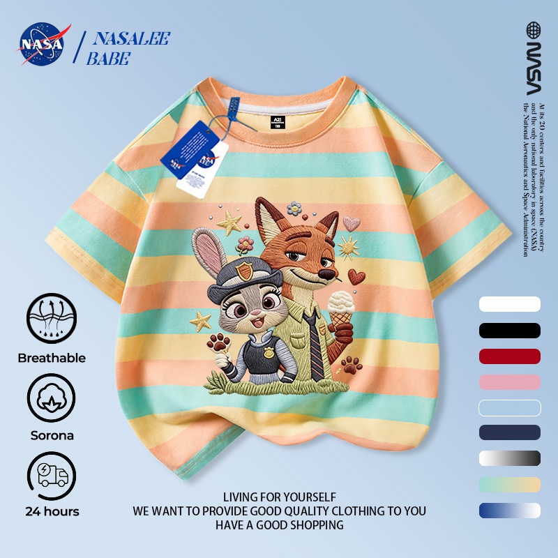 Áo thun trẻ em NASA Judy Nick giả tay ngắn sọc thêu | Sorona Vải Thoáng Khí Không Nhồi Bông