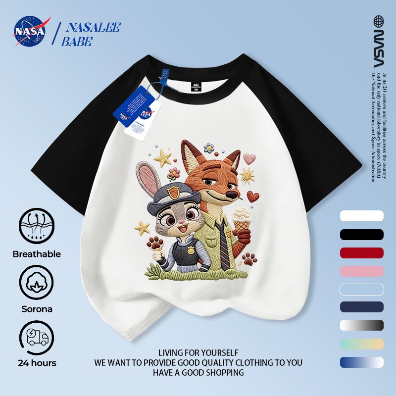 Áo thun trẻ em NASA Judy Nick giả tay ngắn sọc thêu | Sorona Vải Thoáng Khí Không Nhồi Bông