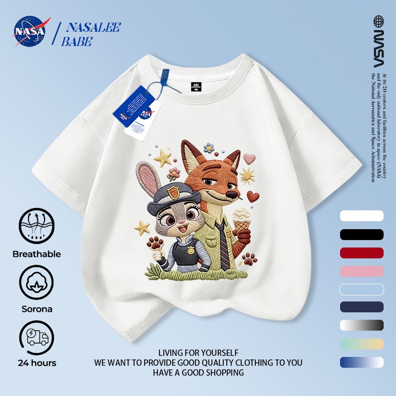 Áo thun trẻ em NASA Judy Nick giả tay ngắn sọc thêu | Sorona Vải Thoáng Khí Không Nhồi Bông